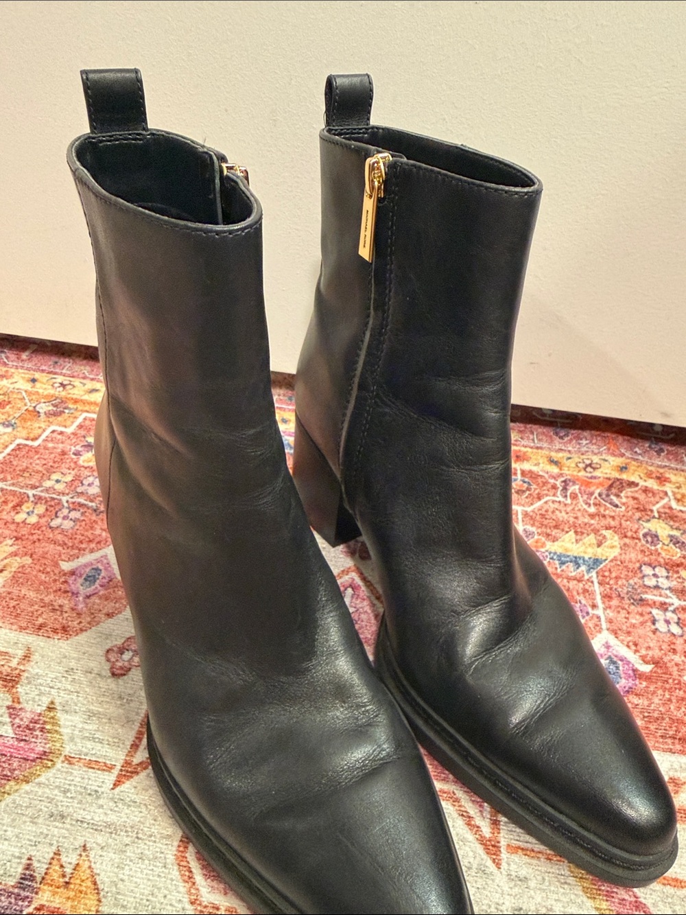 Michael Kors Black Leather Ankle Booties with Gold Zip Pull